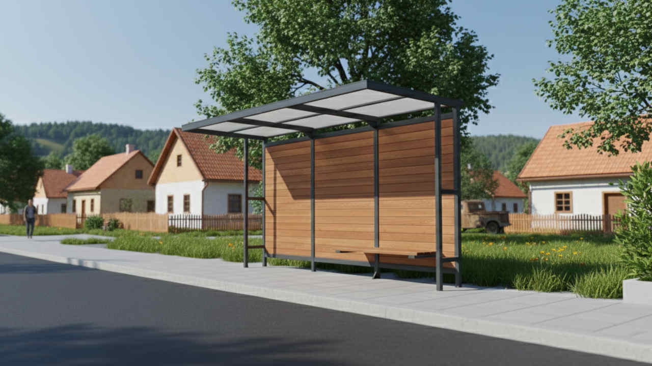 Autobusová zastávka typ TECHNIK s plochou střechou zadní stěnou ze dřeva a lavičkou ze dřeva pohled ve venkovském prostředí